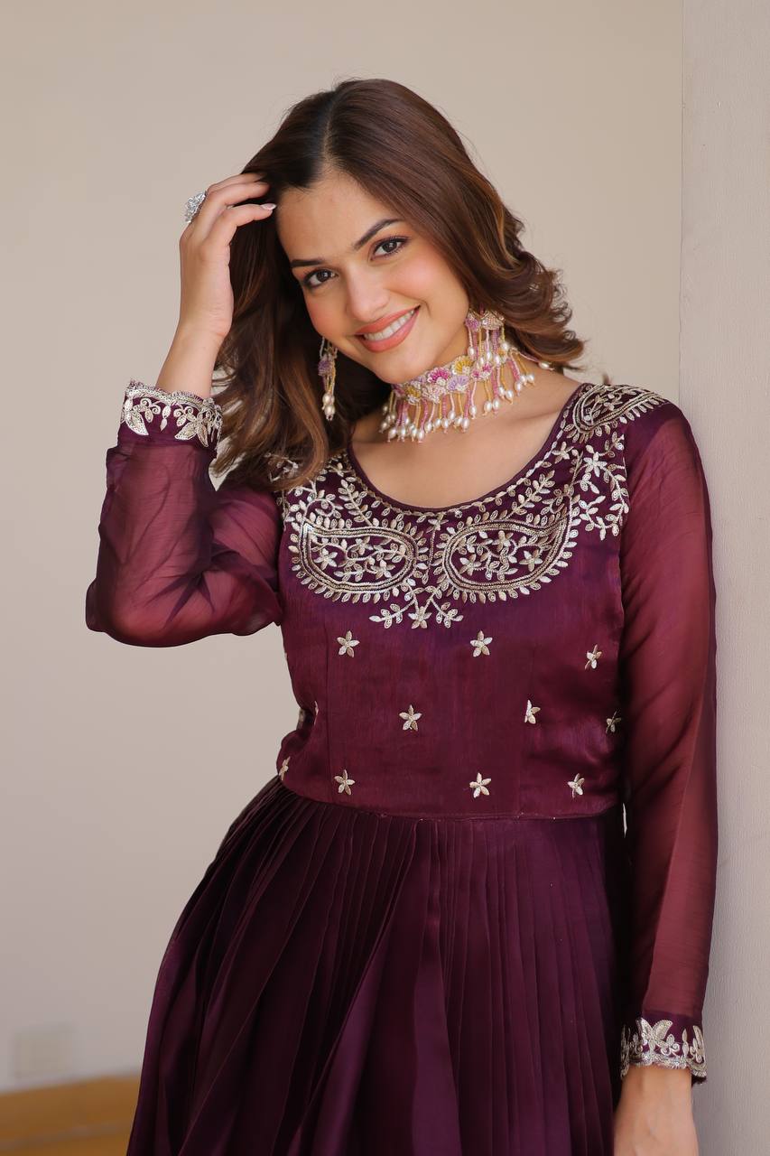 Bollywood Designer pure burberry silk Maroon Long Gown with Dupatta Set
