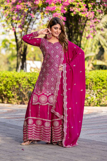 Modern Pink Color Chinon Designer Sharara Suit For Wedding Party