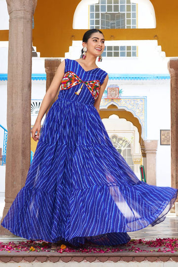 Blue Color Bandhani Printed Gown For Navratri Wear