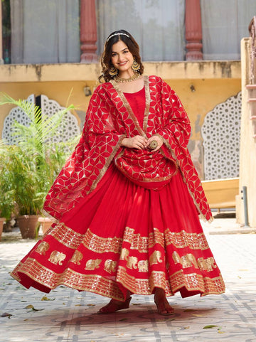 Exclusive Red Color Vichitra Silk Readymade Gown For Engagement