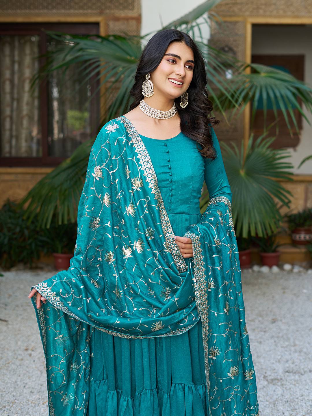 Teal Blue Color Vichitra Silk Stitched Anarkali Gown