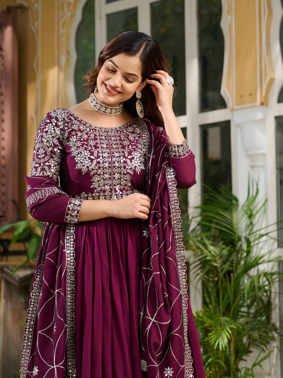Stunning Wine Color Vichitra Silk Designer Gown For Festive Wear