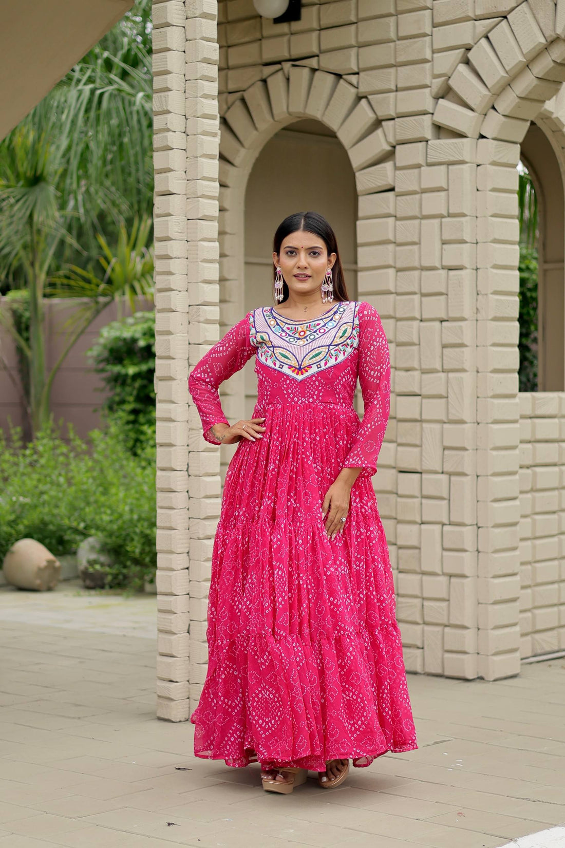 Modern Pink Stitched Georgette Mirror Work Gown