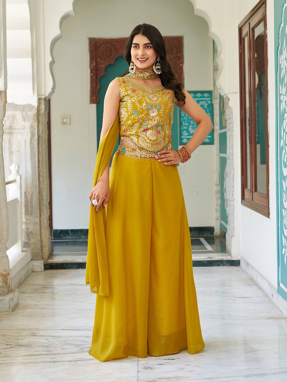 Party Wear Yellow Designer Georgette Palazzo Suit
