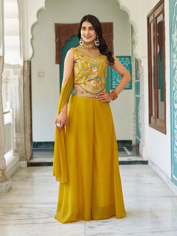 Party Wear Yellow Designer Georgette Palazzo Suit