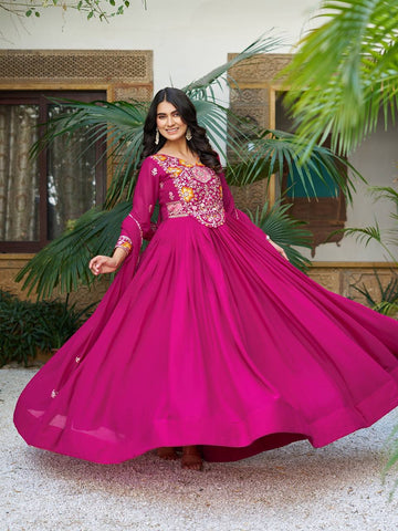 Elegant Pink Color Georgette Anarkali Wedding Wear Gown