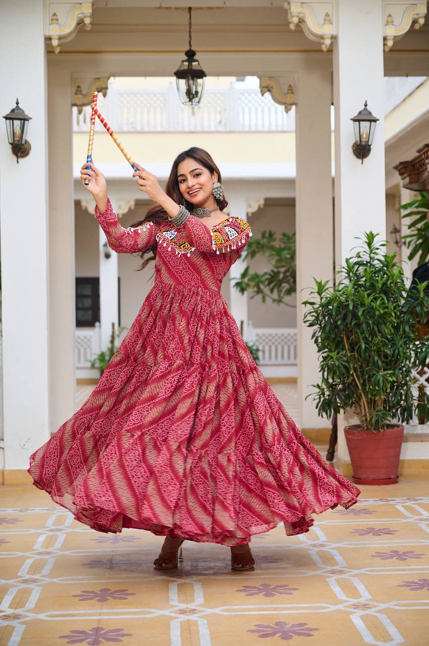 Gamthi Mirror Work Navratri Special Red Georgette Gown