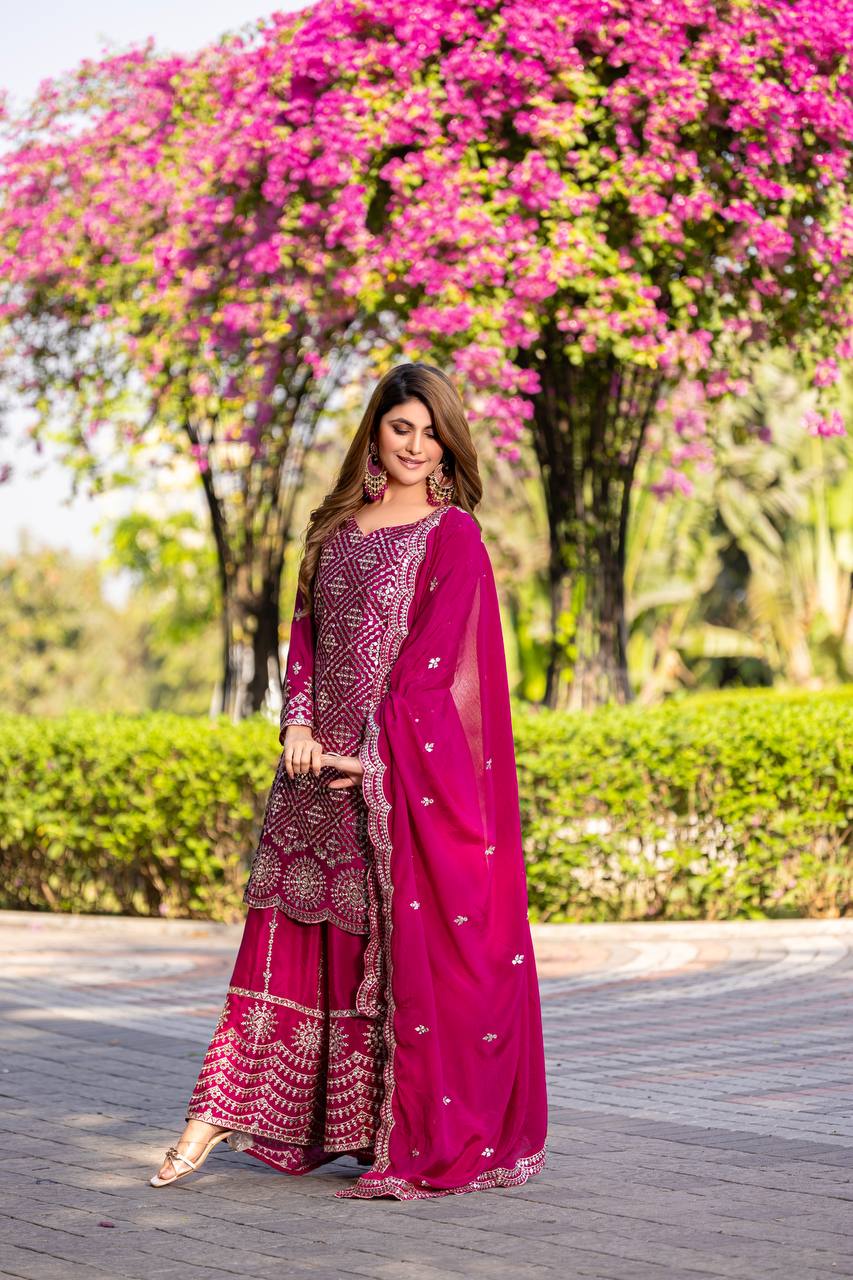 Modern Pink Color Chinon Designer Sharara Suit For Wedding Party