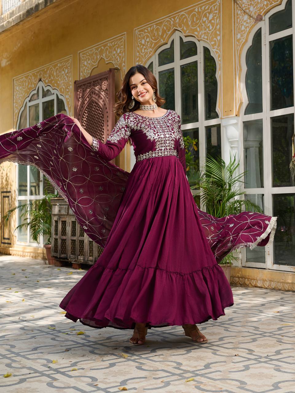 Stunning Wine Color Vichitra Silk Designer Gown For Festive Wear