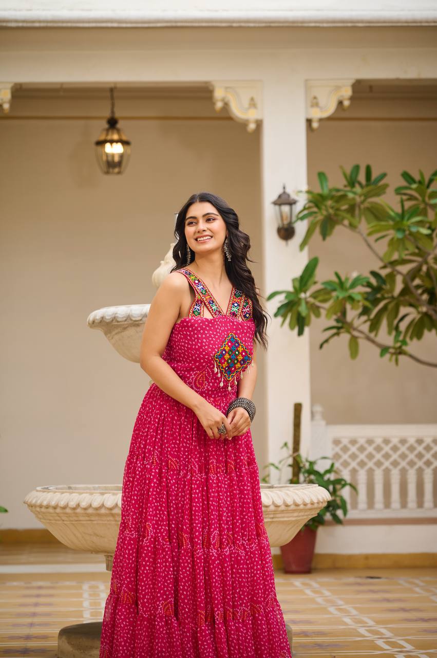 Lovely Pink Color Gamthi Work Georgette Gown for Navratri