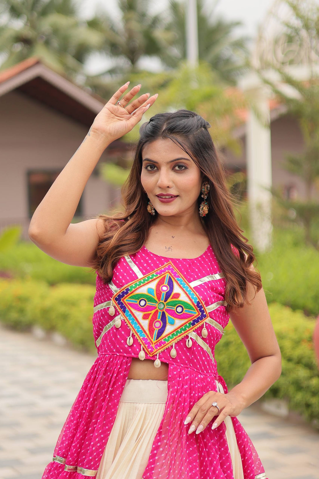 Pink Color Cotton Lehenga with Gamthi Work Shrug