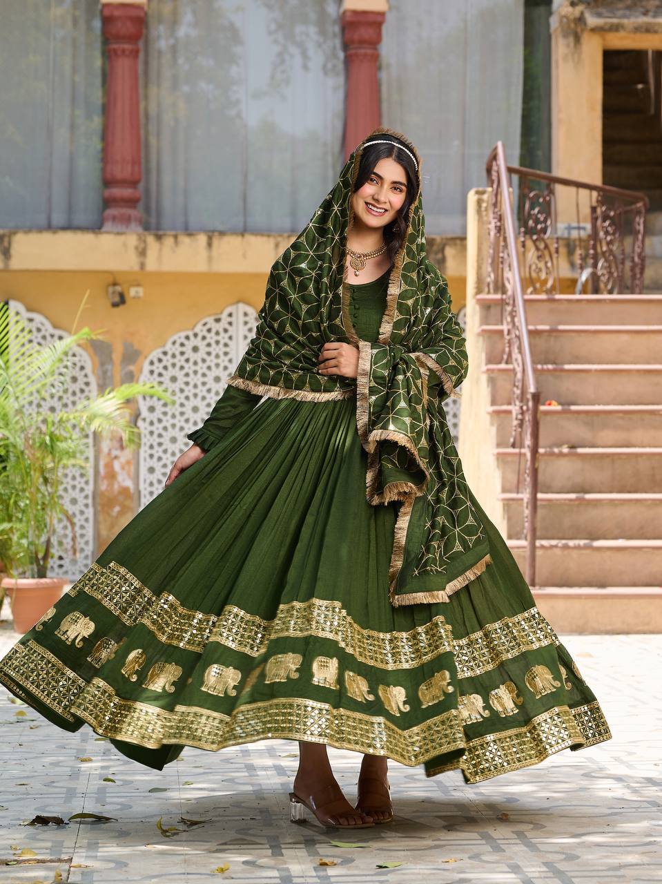 Fantastic Green Color Vichitra Silk Stitched Gown For Mehendi Rasam