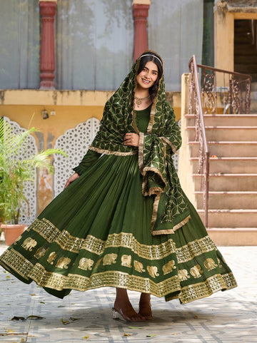 Fantastic Green Color Vichitra Silk Stitched Gown For Mehendi Rasam