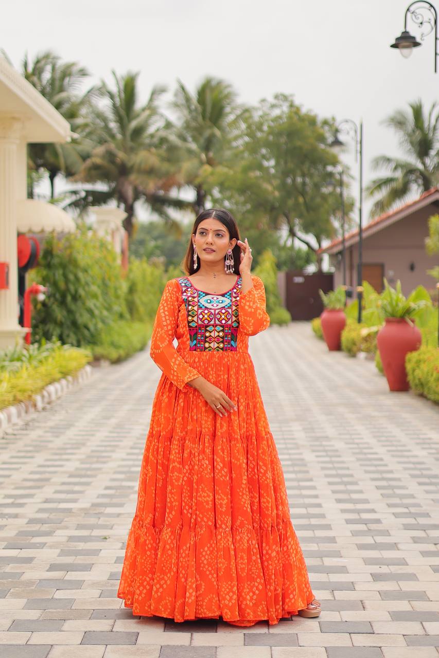 Orange Georgette Mirror Work Gown For Navratri