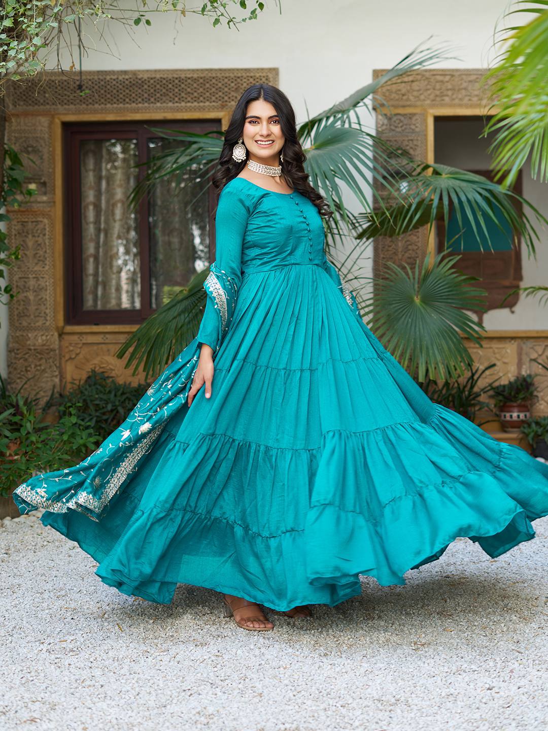 Teal Blue Color Vichitra Silk Stitched Anarkali Gown