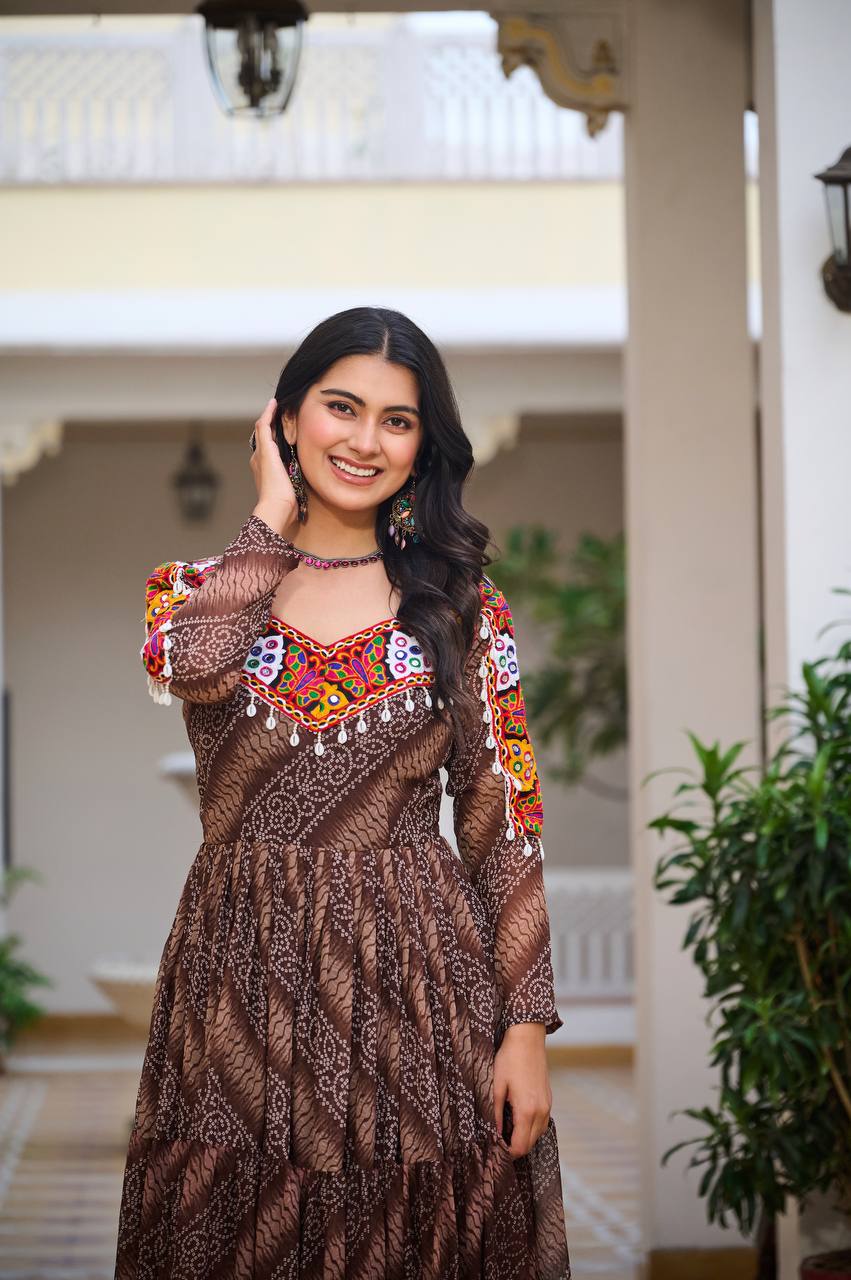 Brown Color Georgette Navratri Wear Gown For Women