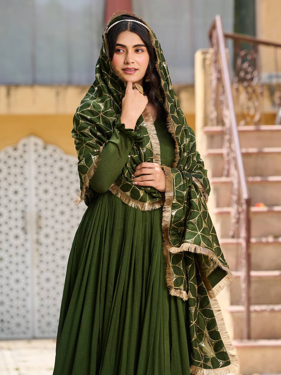 Fantastic Green Color Vichitra Silk Stitched Gown For Mehendi Rasam
