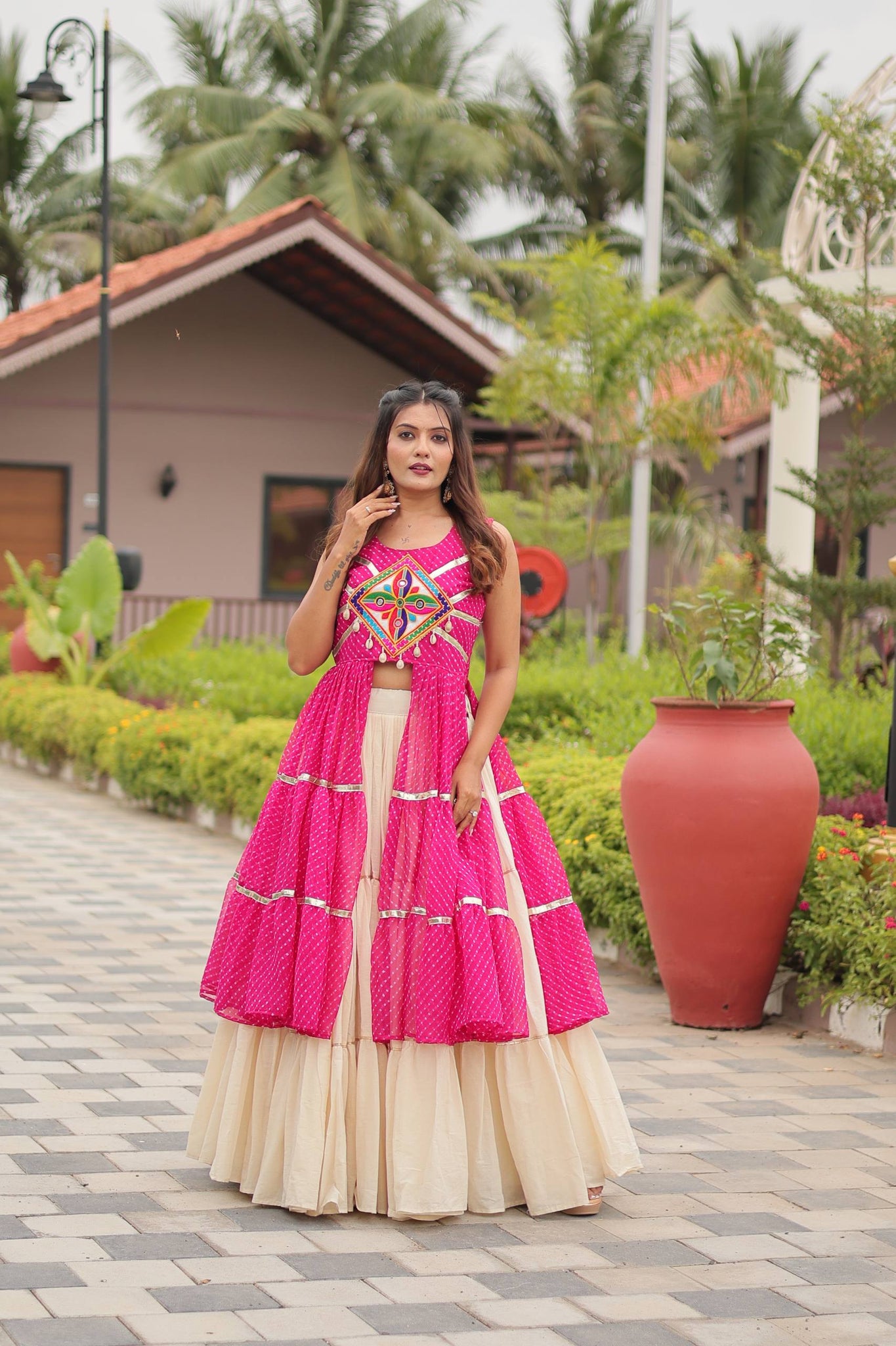 Pink Color Cotton Lehenga with Gamthi Work Shrug