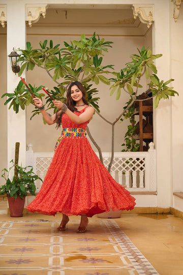 Bandhani Printed Red Color Gown For Garba Nights