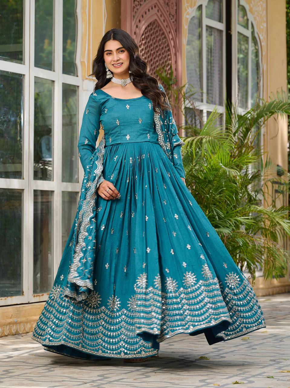 Bollywood Style Rama Color Vichitra Silk Stitched Gown For Party