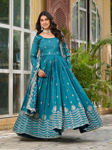 Bollywood Style Rama Color Vichitra Silk Stitched Gown For Party