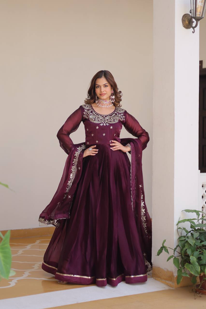 Bollywood Designer pure burberry silk Maroon Long Gown with Dupatta Set