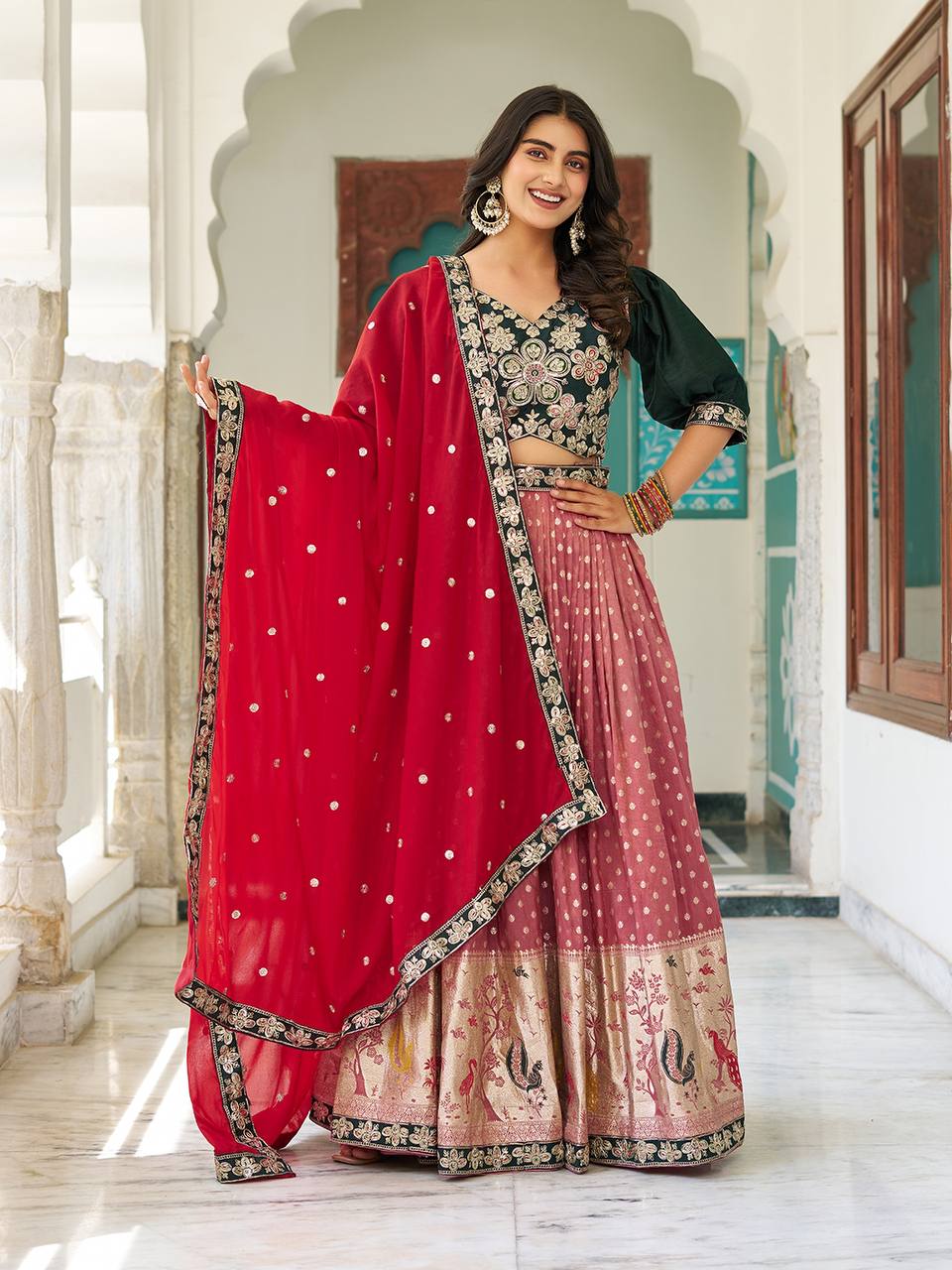 Ready To Wear Onion Color Shimmer Ghagra Choli With Dupatta