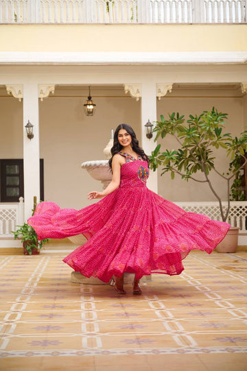 Lovely Pink Color Gamthi Work Georgette Gown for Navratri