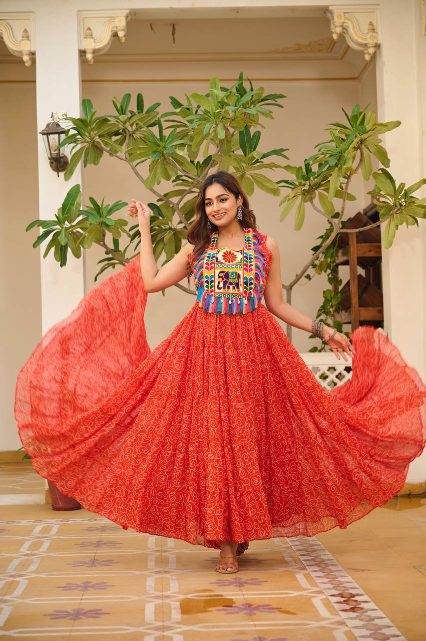Red Color Georgette Bandhani Printed Gown For Navratri