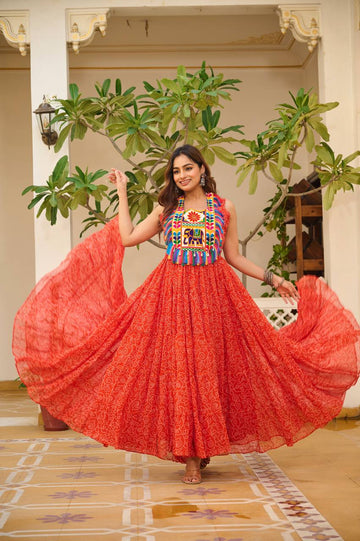 Red Color Georgette Bandhani Printed Gown For Navratri