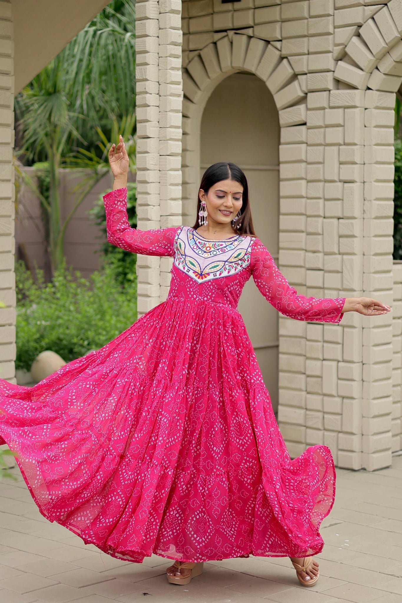 Modern Pink Stitched Georgette Mirror Work Gown