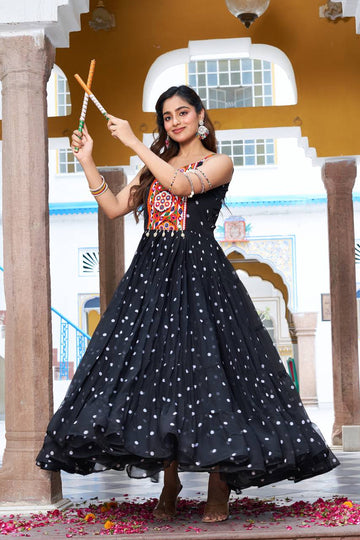 Stunning Black Color Bandhani Printed Mirror Work Gown