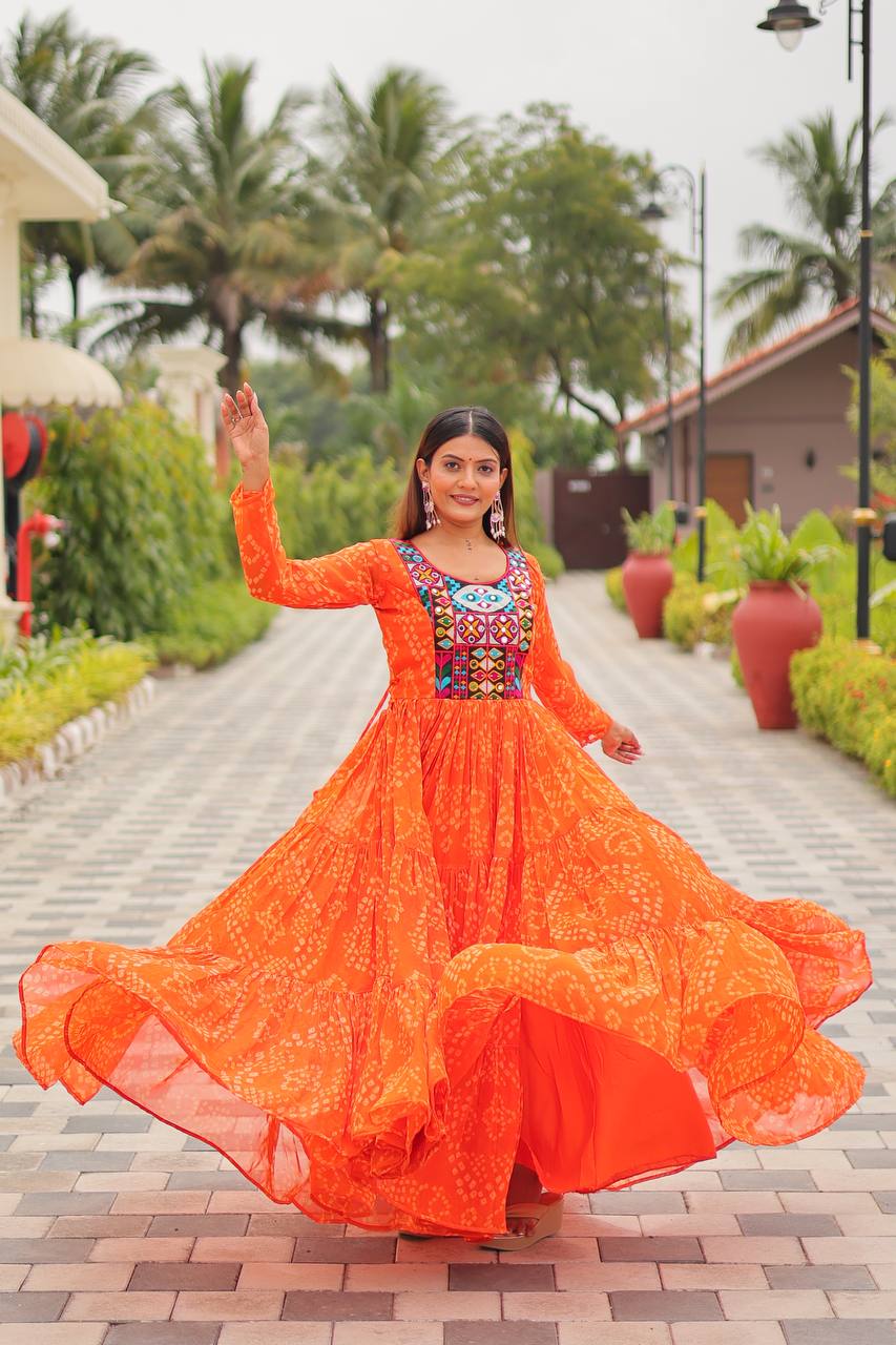 Orange Georgette Mirror Work Gown For Navratri