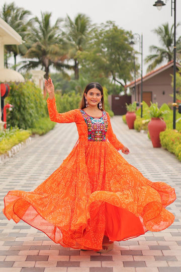 Orange Georgette Mirror Work Gown For Navratri