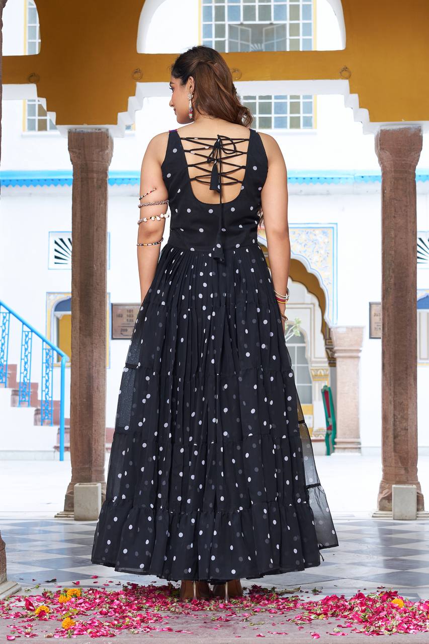 Stunning Black Color Bandhani Printed Mirror Work Gown