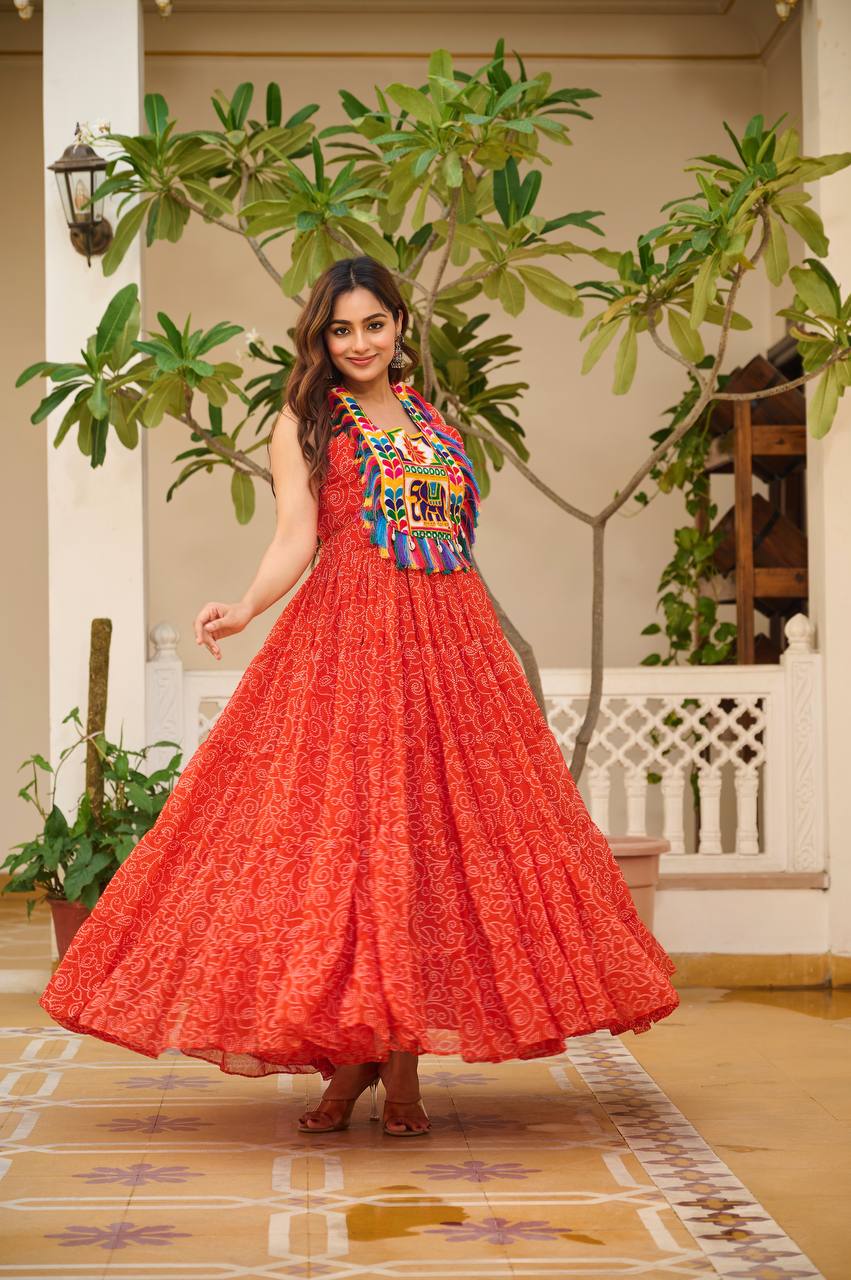 Red Color Georgette Bandhani Printed Gown For Navratri