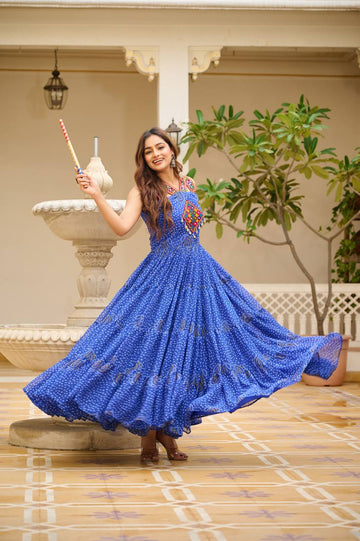 Blue Color Bandhani Printed Mirror Work Gown for Navratri