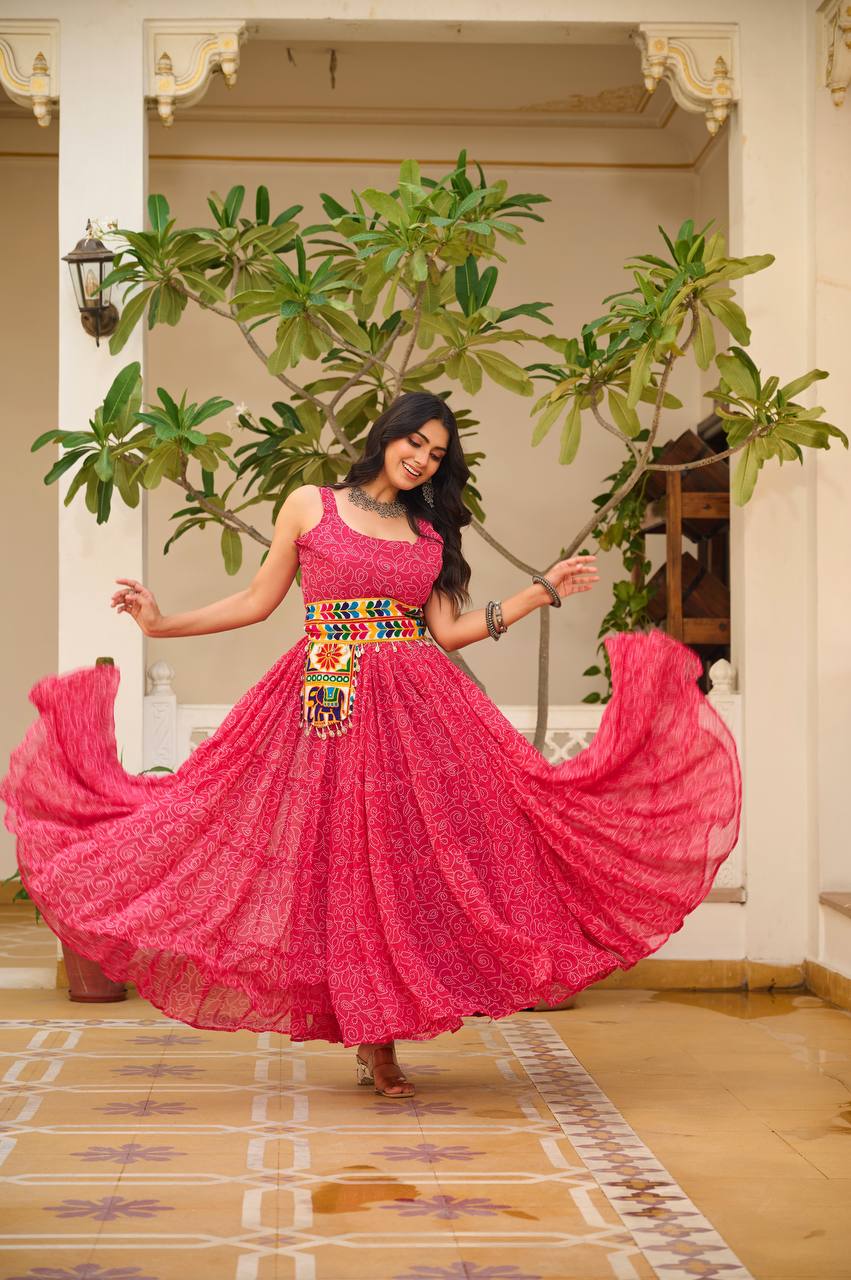 Pink Color Gamthi Work Georgette Navratri Gown