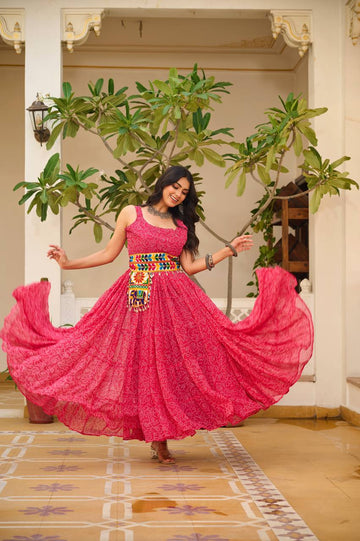 Pink Color Gamthi Work Georgette Navratri Gown