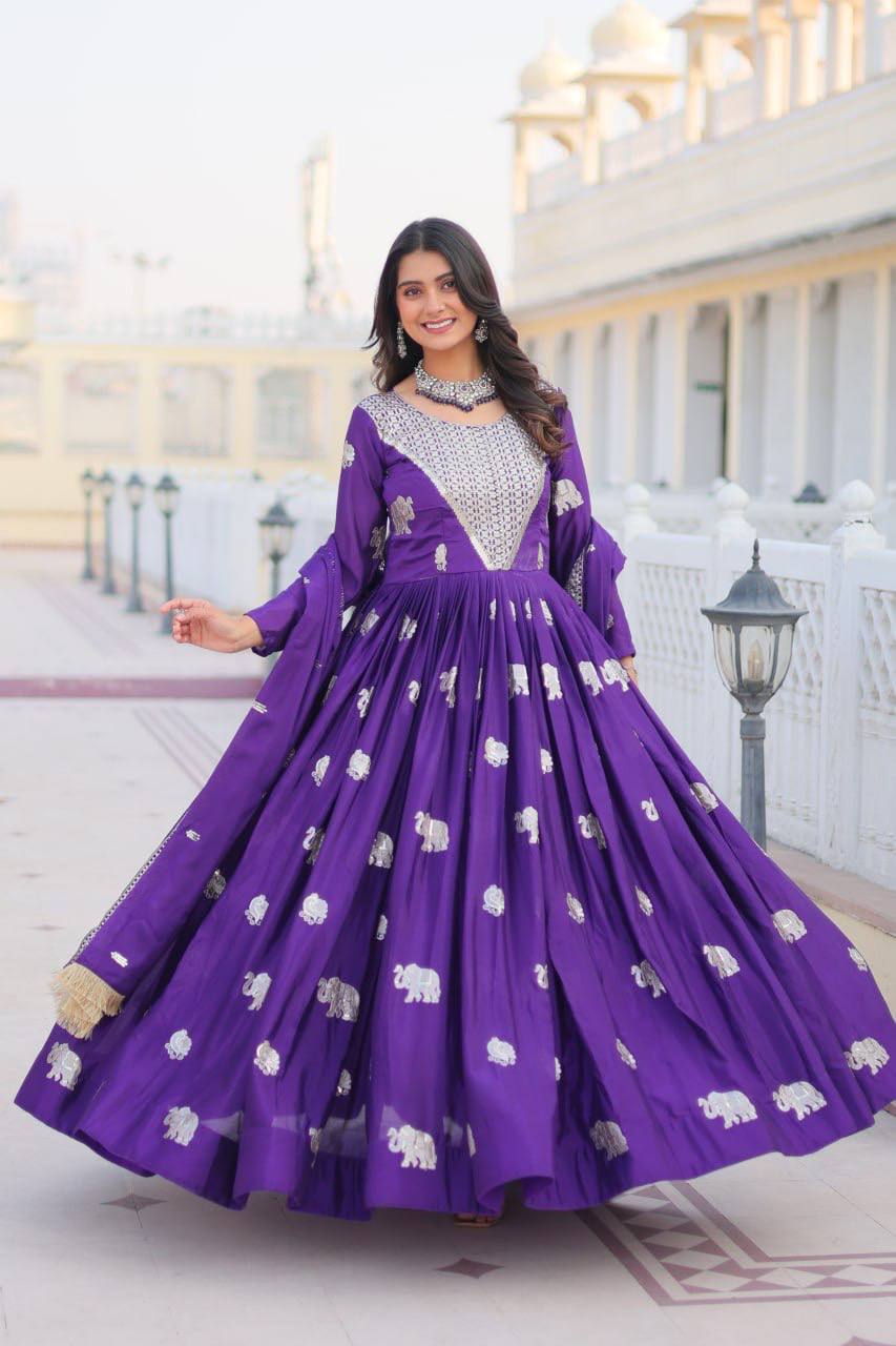 Designer Georgette Purple Traditional Anarkali Gown With Dupatta