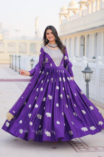 Designer Georgette Purple Traditional Anarkali Gown With Dupatta
