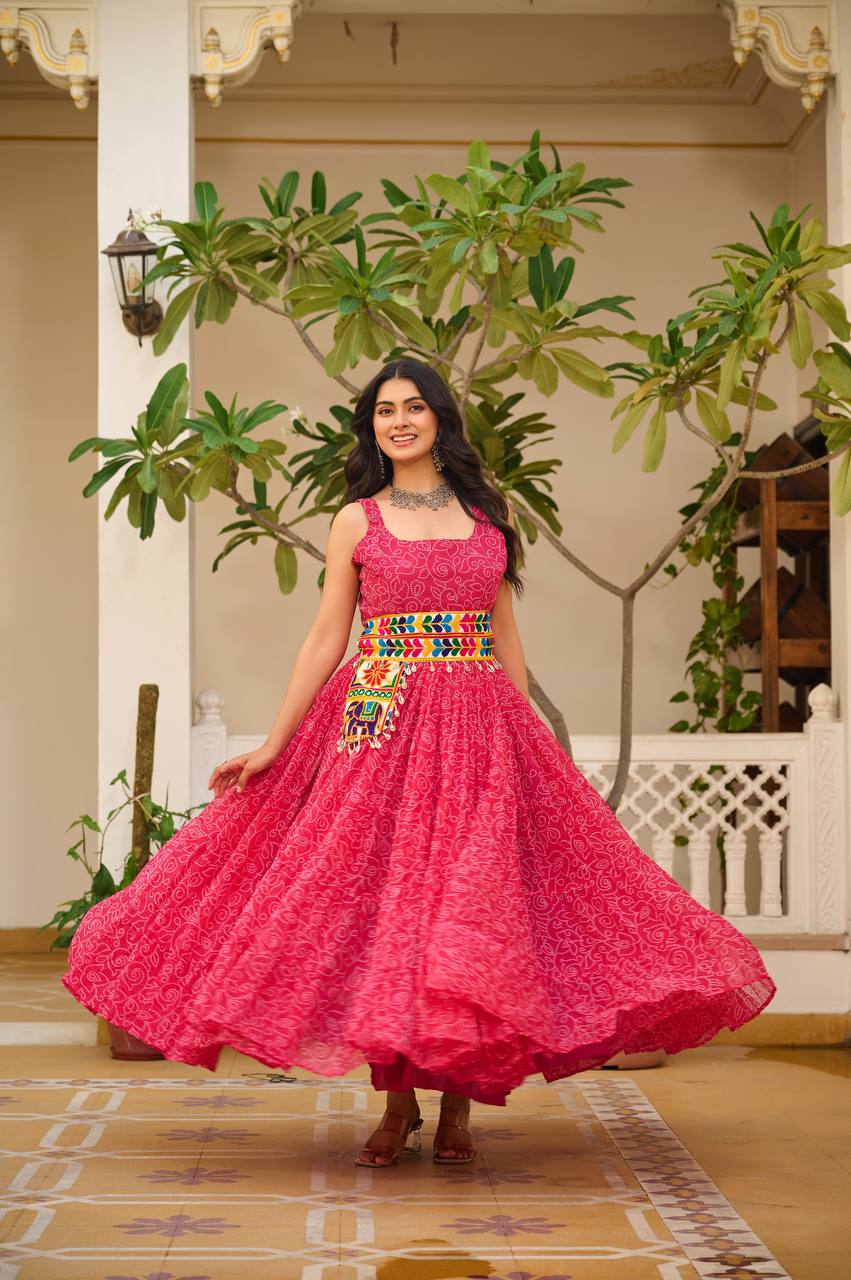Pink Color Gamthi Work Georgette Navratri Gown