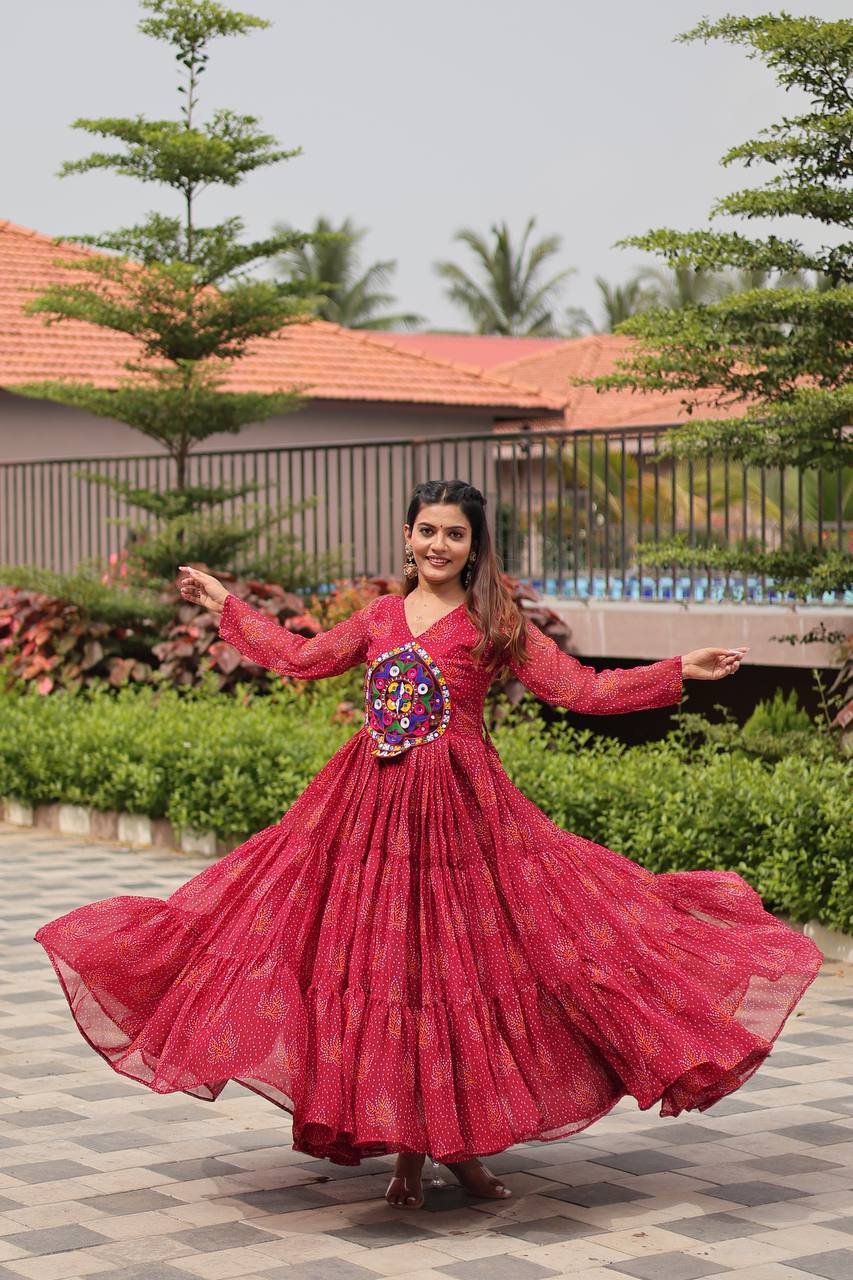 Navratri Red Georgette Mirror Work Readymade Gown