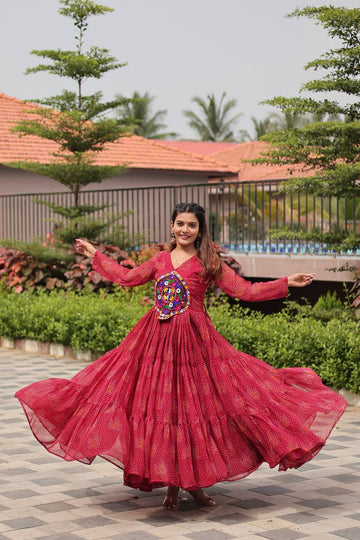 Navratri Red Georgette Mirror Work Readymade Gown