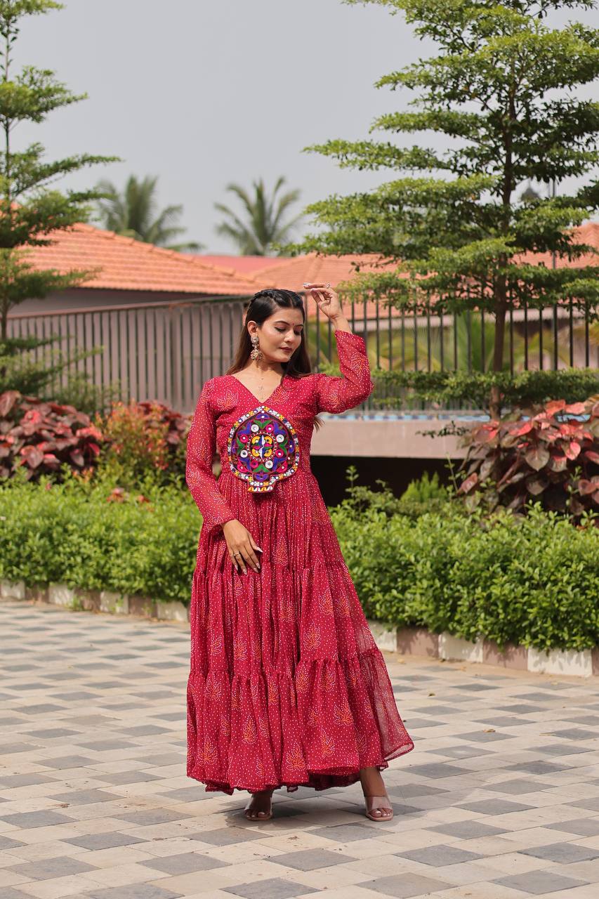Navratri Red Georgette Mirror Work Readymade Gown