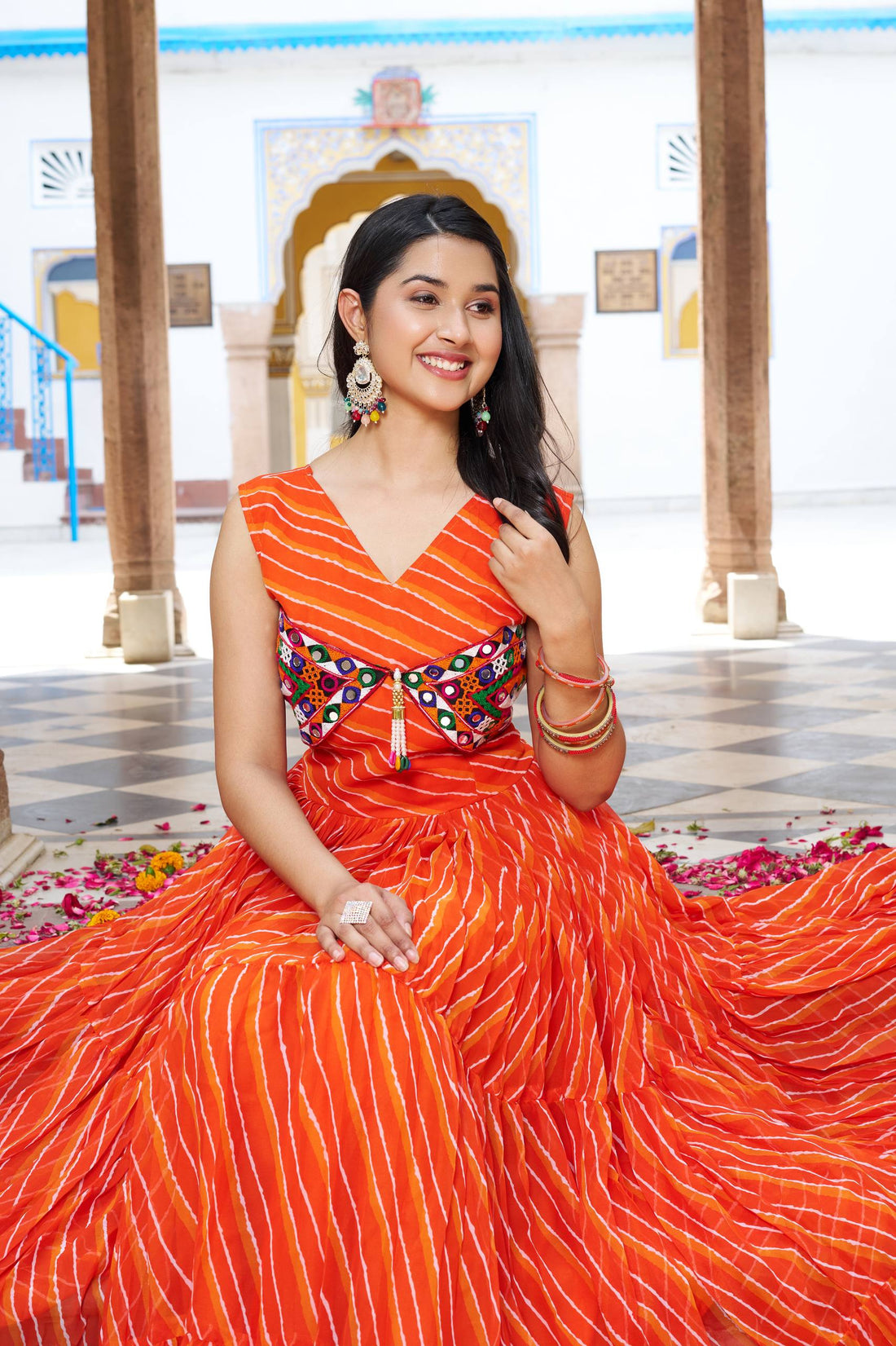 Indian Bandhani Printed Orange Navratri Mirror Work Gown