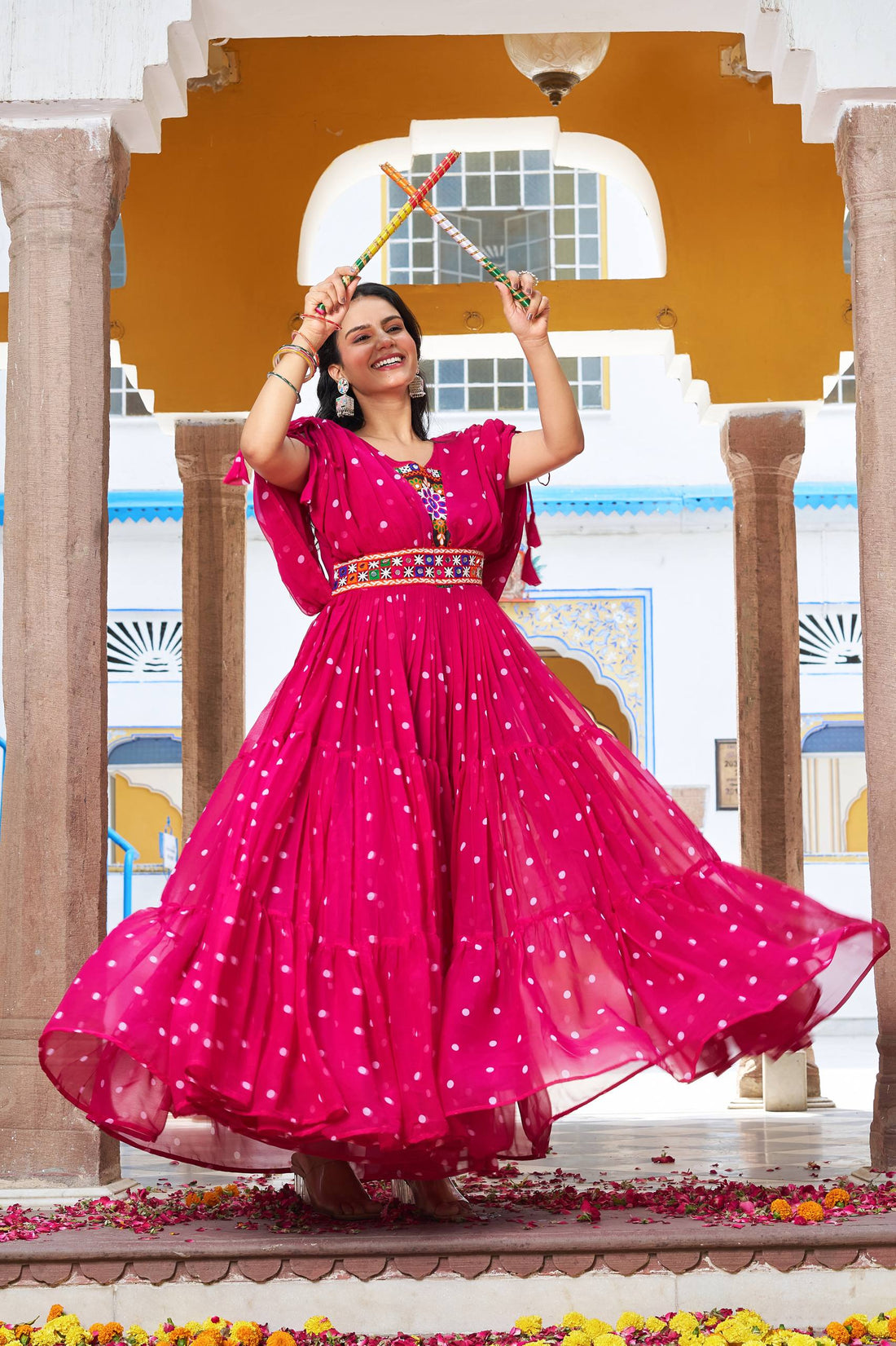 Fantastic Pink Color Georgette Gamthi Mirror Work Gown