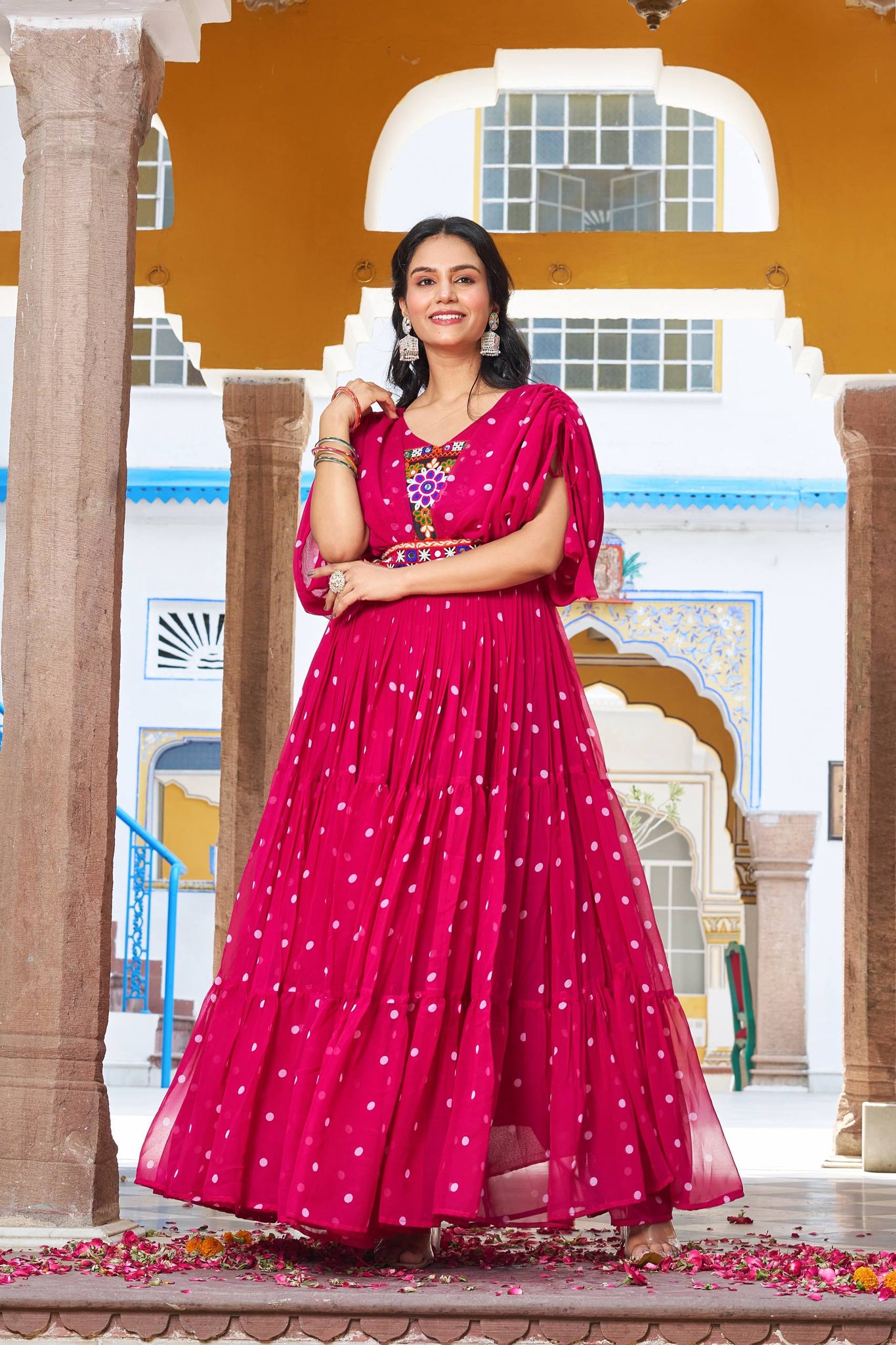 Fantastic Pink Color Georgette Gamthi Mirror Work Gown