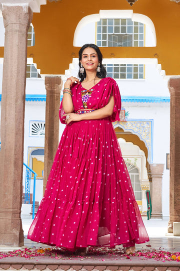 Fantastic Pink Color Georgette Gamthi Mirror Work Gown