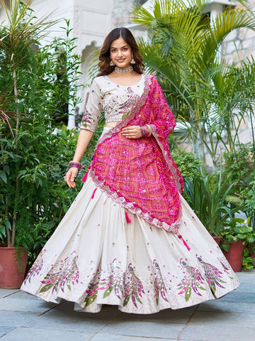Womens Off White Color Tissue Silk Lehenga Choli For Women